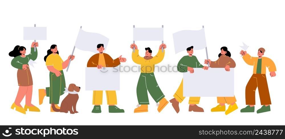 People holding blank flags and banners on protest demonstration, strike or picket. Vector flat illustration of crowd of men and women activists with white posters and placard. People with blank banners on protest demonstration
