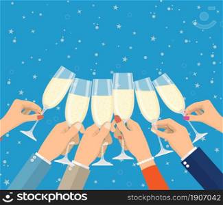 People holding champagne glasses celebrating and having fun. Merry christmas holiday. New year and xmas celebration Vector illustration in a flat style .. People holding champagne glasses