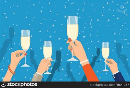 People holding champagne glasses celebrating and having fun. Merry christmas holiday. New year and xmas celebration Vector illustration in a flat style .. People holding champagne glasses