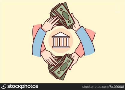 People holding dollar banknotes making financial operations through bank. Hands with money bills transfer or transaction. Economy concept. Vector illustration.. People transferring banknotes through bank