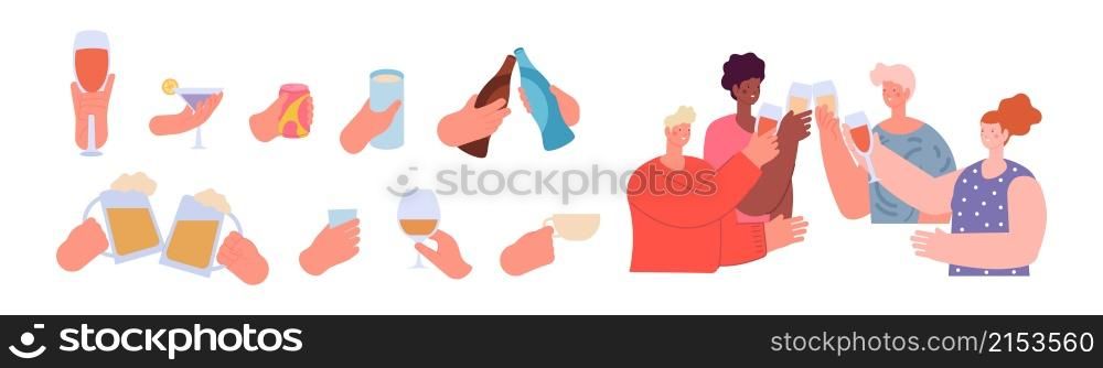 People holding drinks. Hands with drink, friends clinking glasses. Hand hold can or bottles, teens celebrate with beverage utter vector set. Illustration alcohol beer, people hold drink. People holding drinks. Hands with drink, friends clinking glasses. Hand hold can or bottles, teens celebrate with beverage utter vector set