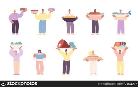People holding food. Person with festive meal, cooking woman man. Isolated chefs, home delicious meals. Holiday dinner utter vector characters. Illustration of person with food, fish and meat. People holding food. Person with festive meal, cooking woman man. Isolated chefs, home delicious meals. Holiday dinner utter vector characters