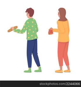 People holding food semi flat color vector character set. Stand from back figure. Full body people on white.Store isolated modern cartoon style illustration for graphic design and animation collection. People holding food semi flat color vector character set