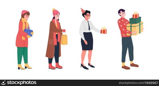 People holding gifts semi flat color vector characters set. Full body people on white. Holiday celebration isolated modern cartoon style illustration for graphic design and animation collection. People holding gifts semi flat color vector characters set