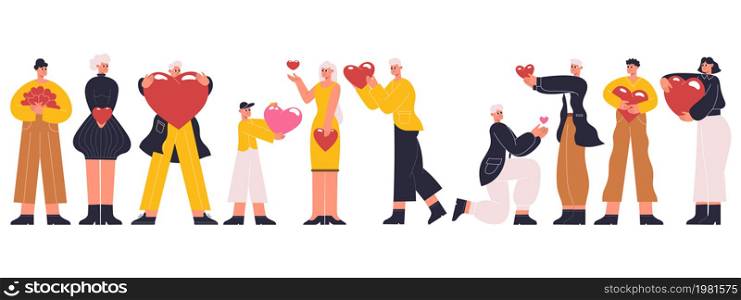 People holding hearts, characters share love, donating or valentines day. Happy character carrying and hearts vector illustration. Woman and man holding red hearts. Happy charity and social assistance. People holding hearts, characters share love, donating or valentines day. Happy characters carrying and sharing hearts vector illustration. Woman and man holding red hearts