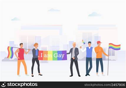 People holding I am Gay banner in city. Diversity, discrimination, freedom concept. Vector illustration can be used for topics like tolerance, homophobia, social rights. People holding I am Gay banner in city