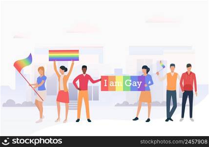 People holding LGBTQ flags and I am Gay banner in parade. Diversity, discrimination, freedom concept. Vector illustration can be used for topics like tolerance, homophobia, social rights. People holding LGBTQ flags and I am Gay banner in parade