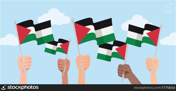 People holding national palestine flags. Palestine Happy independence day. Freedom for Palestine. Vector stock