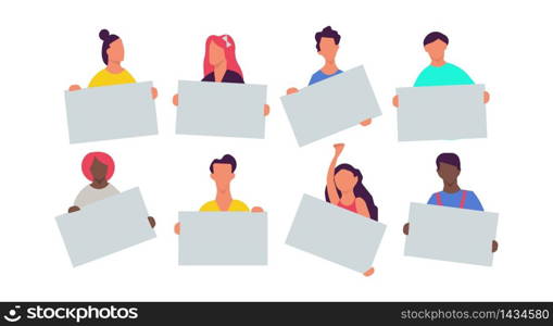 People holding placard set illustration cartoon blank banner. Business group concept message poster protest. Empty isolated board icon. Crowd human demonstration social activist team showing