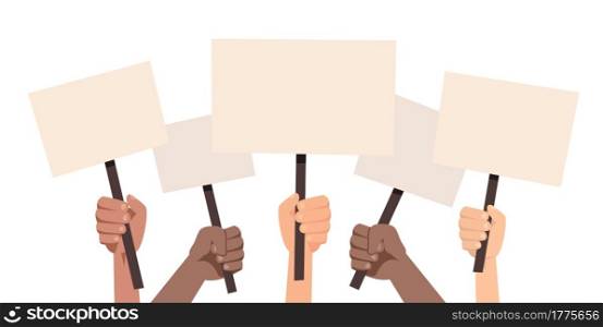 People holding placards isolated on white background. People against violence, descrimination, human rights. Protesters concept. Vector stock