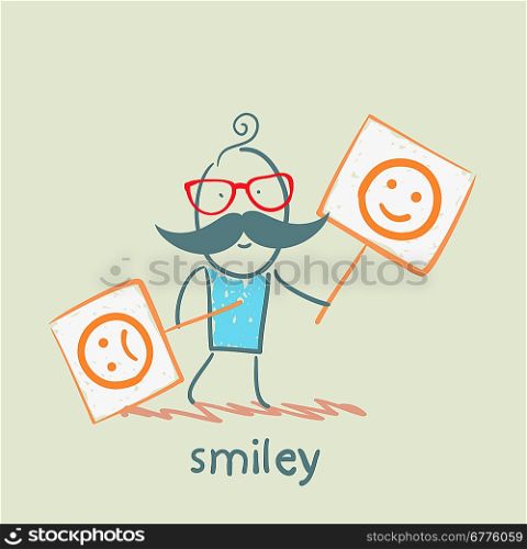 people holding posters with funny and sad smiles