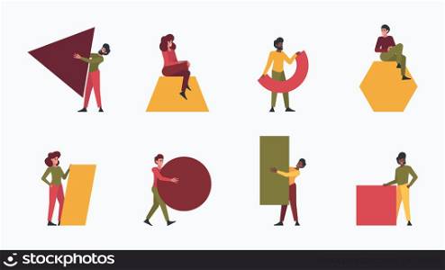 People holding shapes. Abstract characters standing walking and holding geometrical forms square triangle circle garish vector flat illustration. Characters organize geometrical form. People holding shapes. Abstract characters standing walking and holding geometrical forms square triangle circle garish vector flat illustration