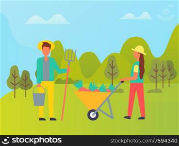 People holding special tools vector, farming period. Man and woman with gathered carrots on cart, hayfork and bucket. Forest with trees and bushes. Harvesting Season, Man and Woman Working on Field