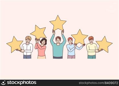 People holding stars give customer feedback to bad or good quality service. Men and women rate with star. Client opinion and choice. Vector illustration.. People holding stars giving client feedback 