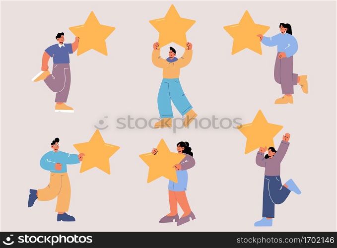 People holding stars, rating, consumer feedback or customer review evaluation, satisfaction level and critic concept. Tiny clients with huge gold stars in hands, Line art flat Vector illustration. People holding stars, rating, consumer feedback