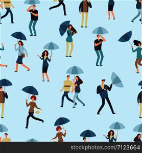 People holding umbrella, walking outdoor in rainy spring or fall day. Man, woman in raincoat seamless pattern. People pattern seamless with umbrella illustration. People holding umbrella, walking outdoor in rainy spring or fall day. Man, woman in raincoat seamless pattern