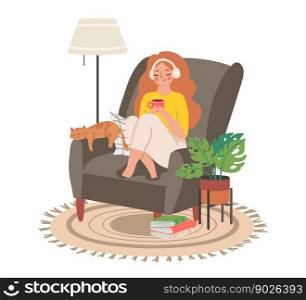 People home hobby, girl sit in chair with cat and cup. Vector of woman at home, character sit in chair, comfortable armchair illustration. People home hobby, girl sit in chair with cat and cup