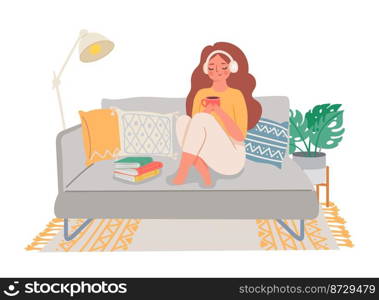 People home hobby, girl sitting on sofa with tea and book. Cute girl with hobby, woman and book at home, interior of relax vector illustration. People home hobby, girl sitting on sofa with tea and book