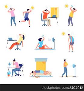 People hot weather. Outdoor sunny unhealthy persons exhaustion tired male and female characters headache recent vector flat illustrations. Weather hot and heat sun, season of sunstroke. People hot weather. Outdoor sunny unhealthy persons exhaustion tired male and female characters headache recent vector flat illustrations