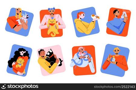 People hug pets, domestic and exotic animals.Vector flat illustration of happy women and man characters, pet owners hold cute cat, dog, rabbit, tortoise, snake and hamster. People hug pets, domestic and exotic animals