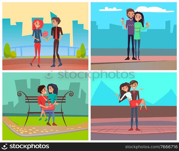 People hugging each other outdoor, man giving flowers to woman, couple sitting on bench, eating ice-cream. Romantic day of male and female in park vector. Couple Romantic Day, Happy Man and Woman Vector