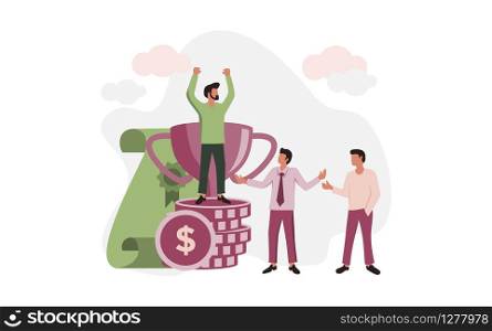 People Illustration get a success. Celebrating success on the top of money, trophy and certificate at the background