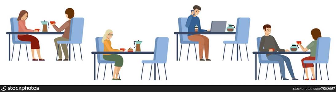 People in a cafe. Isolated. Lunch break. Beverages. Coffee time. Vector flat illustration
