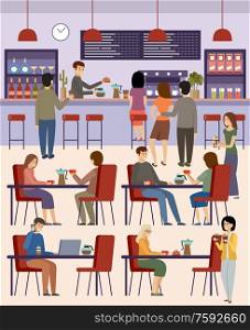 People in a cafe. Lunch break. Beverages. Coffee time. Vector flat illustration