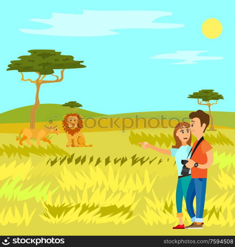 People in African country vector, travelers to Africa lion sitting in distance. Couple happy to see wildlife and leo, natural park with trees flora fauna. Safari Excursion on Wildlife, Wild Animal Africa
