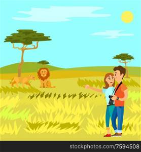 People in African country vector, travelers to Africa lion sitting in distance. Couple happy to see wildlife and leo, natural park with trees flora fauna. Safari Excursion on Wildlife, Wild Animal Africa