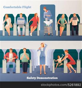 People In Airplane Horizontal Banners. People in airplane horizontal banners with sitting passengers stewardess with drinks and safety demonstration isolated vector illustration