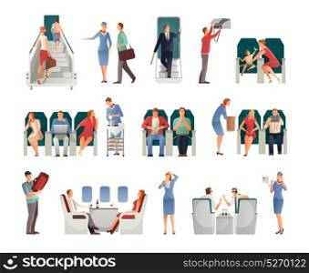People In Airplane Set. People in airplane set including pilots stewardess passengers on seats or with hand baggage isolated vector illustration