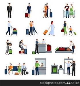 People In Airport Flat Color Icons. People in airport flat color icons set of pilot stewardess tourists with travel bags at checkpoint and security screening isolated vector illustration
