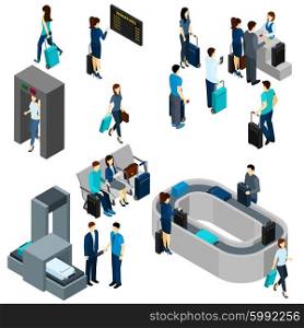 People in airport lounge and on security check isometric vector illustration. People In Airport Isometric