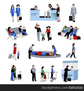 People in airport lounge flat icons set isolated vector illustration. People In Airport