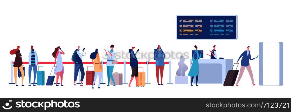 People in airport queue. Passengers baggage in line, check in registration in terminal. Airport arrival departure vector concept. Queue to check flight, people with luggage and baggage illustration. People in airport queue. Passengers baggage in line, check in registration in terminal. Airport arrival departure vector concept