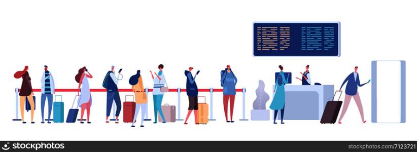 People in airport queue. Passengers baggage in line, check in registration in terminal. Airport arrival departure vector concept. Queue to check flight, people with luggage and baggage illustration. People in airport queue. Passengers baggage in line, check in registration in terminal. Airport arrival departure vector concept