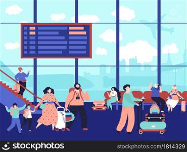 People in airport terminal. Family journey, waiting lounge or arrival hall. Traveller with suitcase, walking decent tourists vector concept. Terminal interior with people boarding illustration. People in airport terminal. Family journey, waiting lounge or arrival hall. Traveller with suitcase, walking decent tourists vector concept