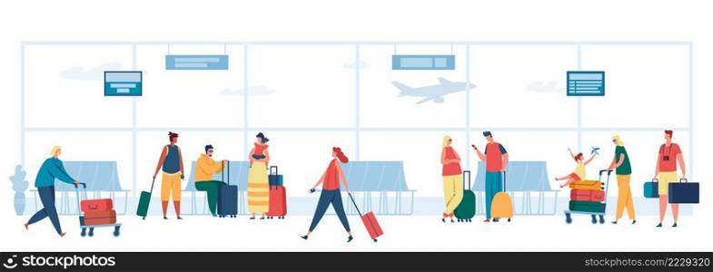 People in airport. Tourists traveling with baggage. Characters holding suitcases walking with passport and tickets. Family with child going on vacation. Man and woman waiting for boarding vector. People in airport. Tourists traveling with baggage. Characters holding suitcases walking with passport and tickets