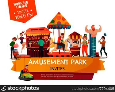 People in amusement park poster with  carousel shooting range cartoon circus tent clown cartoon icons vector Illustration. Amusement Park Poster