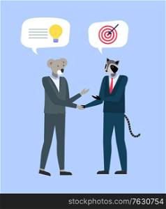 People in animal masks and expensive suits shaking hands and exchanging ideas. Businessman with koala face and badger head and tail, target and light bulb. Vector illustration in flat cartoon style. Businesspeople in Animal Masks and Expensive Suits