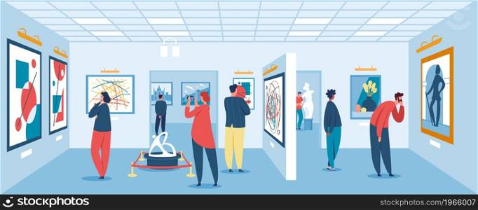 People in art gallery exhibition, characters looking at exhibits. Woman admiring painting or sculpture, modern museum vector illustration. Indoor creative presentation with female and male visitors
