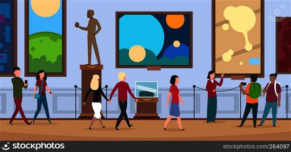 People in art museum. Viewers walk and watch painting and artworks in contemporary art exhibition vector illustration. People in art museum. Viewers walk and watch painting and artworks in contemporary art exhibition