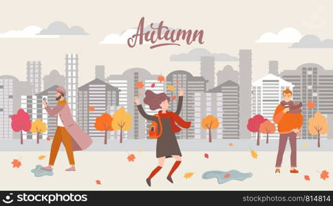 People in autumn city. Different characters in urban life during fall season. Jumping girl, walking man with phone and hipster with coffee on background with buildings and trees. Vector illustration.. People in autumn city.
