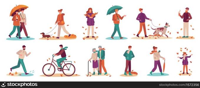 People in autumn. Couple with umbrella in rain, young and old man, woman walk autumn park. Fall season active lifestyle vector set. Boy riding bicycle, girl gathering fallen leaves and throwing. People in autumn. Couple with umbrella in rain, young and old man, woman walk autumn park. Fall season active lifestyle vector set