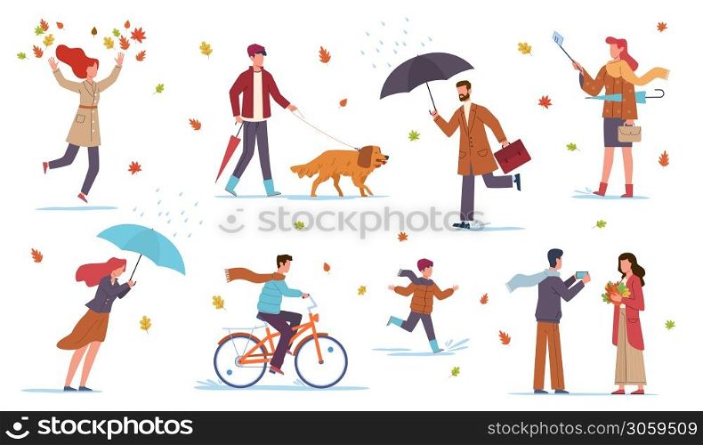People in autumn. Men, women and kids walk in fall season with umbrellas in rain and wind among yellow orange leaves and puddles, riding bicycle, walking with dog, vector flat isolated set. People in autumn. Men, women and kids walk in fall season with umbrellas in rain among yellow leaves and puddles, riding bicycle, walking with dog, vector flat isolated set