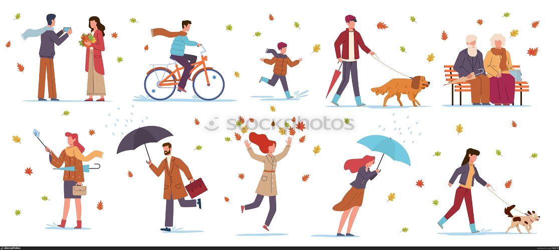 People in autumn park. Characters in fall season walking with dog, riding bicycle, family with umbrella among falling leaves, child running on puddles pensioners sitting on bench vector flat set. People in autumn park. Characters in fall season walking, riding bicycle, family with umbrella among falling leaves, child running on puddles pensioners on bench vector flat set