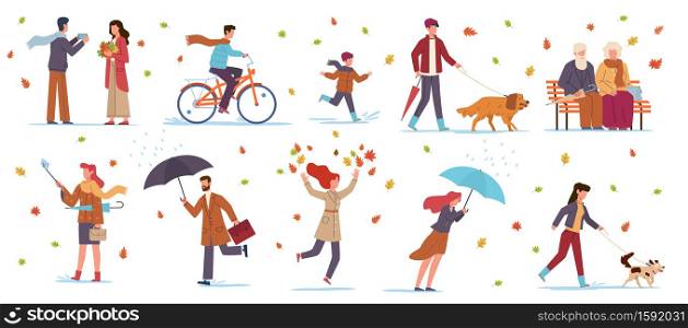 People in autumn park. Characters in fall season walking with dog, riding bicycle, family with umbrella among falling leaves, child running on puddles pensioners sitting on bench vector flat set. People in autumn park. Characters in fall season walking, riding bicycle, family with umbrella among falling leaves, child running on puddles pensioners on bench vector flat set
