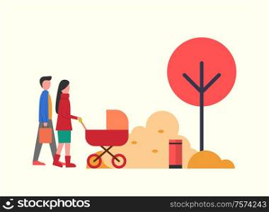 People in autumn park, family walking around trees nature vector. Father and mother, parents of kid in perambulator. Stroller for child, fall season. People in Autumn Park, Family Walking Around Trees