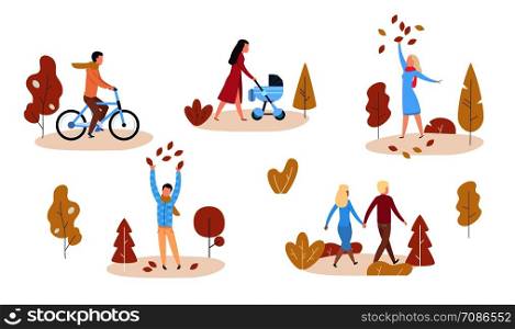 People in autumn park or forest. Modern casual man and woman playing with autumn leaves. Flat vector illustration activities characters people lifestyle. People in autumn park or forest. Modern casual man and woman playing with autumn leaves. Flat vector characters